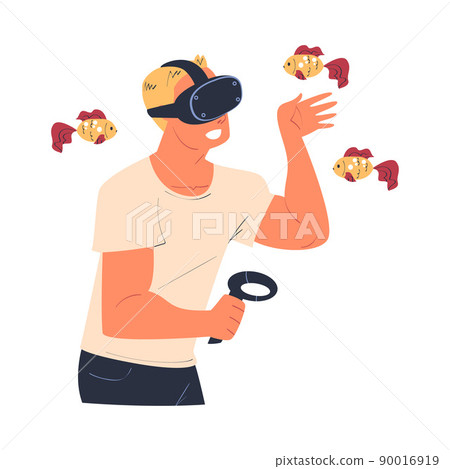 Man Wearing Virtual Reality Headset Among Fish Immersed in Abstract VR World Vector Illustration 90016919