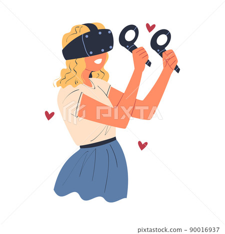 Woman Wearing Virtual Reality Headset Immersed in Abstract VR World Vector Illustration Woman Wearing Virtual Reality Headset Immersed in Abstract VR World Vector Illustration 90016937