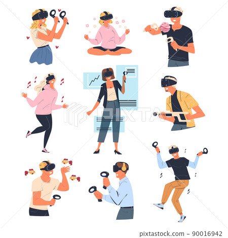 Man and Woman Wearing Virtual Reality Headset Immersed in Abstract VR World Vector Set 90016942