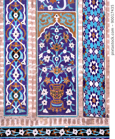 Detail of traditional persian mosaic wall with floral ornament, Grand Jame Mosque, Yazd, Iran 90017435