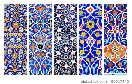 Set of vertical or horizontal banners with detail of ancient mosaic walls with floral and geometric ornaments Set of vertical or horizontal banners with detail of ancient mosaic walls with floral and geometric ornaments 90017440