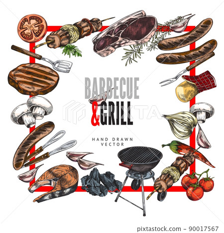 Square frame with grilled meat and sausages, engraving vector illustration. 90017567