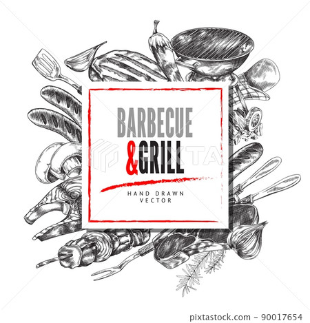 Barbecue and grill hand drawn poster with frame for text, sketch vector illustration. 90017654