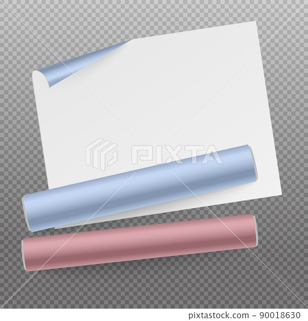 Rolls of wraps or wallpaper colored on one side, realistic vector isolated. 90018630