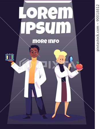 Scientists studying agronomy, man and woman with flask and apple, flat poster template - vector illustration. 90018812