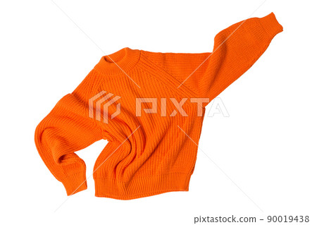 orange wool sweater, levitates like a superhero, one hand up, on a white background 90019438