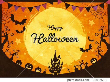 萬聖節滿月夜矢量插圖背景(花環)與城堡和蝙蝠的剪影 萬聖節滿月夜矢量插圖背景(花環)與城堡和蝙蝠的剪影 90019709