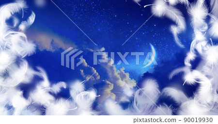 雲海和新月漂浮在藍色夜空和蓬鬆的白色天使翅膀的背景插圖 雲海和新月漂浮在藍色夜空和蓬鬆的白色天使翅膀的背景插圖 90019930