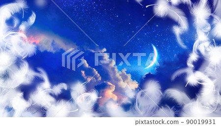 雲海和新月漂浮在藍色夜空和蓬鬆的白色天使翅膀的背景插圖 90019931