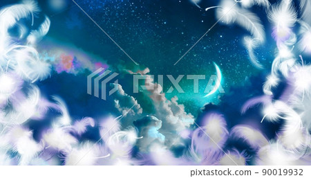 A background illustration of a sea of clouds and a crescent moon floating in the blue night sky and fluffy white angel wings A background illustration of a sea of clouds and a crescent moon floating in the blue night sky and fluffy white angel wings 90019932