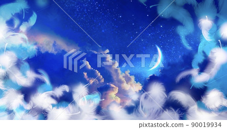 A background illustration of a sea of clouds and a crescent moon floating in the blue night sky and fluffy white angel wings A background illustration of a sea of clouds and a crescent moon floating in the blue night sky and fluffy white angel wings 90019934