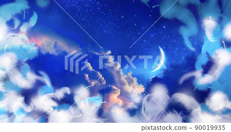 A background illustration of a sea of clouds and a crescent moon floating in the blue night sky and fluffy white angel wings A background illustration of a sea of clouds and a crescent moon floating in the blue night sky and fluffy white angel wings 90019935