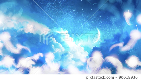 雲海和新月漂浮在藍色夜空和蓬鬆的白色天使翅膀的背景插圖 雲海和新月漂浮在藍色夜空和蓬鬆的白色天使翅膀的背景插圖 90019936