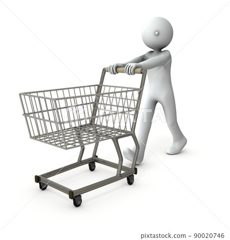 A customer pushing an empty shopping cart. Shopping and stockpiling. White background. 3D rendering. 90020746