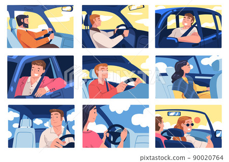 People Character Driving Car Sitting on Driver Seat Inside Vehicle Vector Illustration Set 90020764