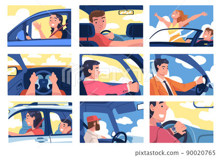 People Character Driving Car Sitting on Driver Seat Inside Vehicle Vector Illustration Set 90020765