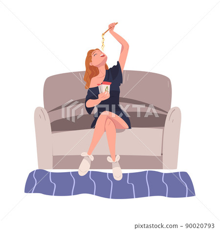 Woman Character Eating Food at Home Sitting on Sofa with Noodles and Chopsticks Vector Illustration Woman Character Eating Food at Home Sitting on Sofa with Noodles and Chopsticks Vector Illustration 90020793