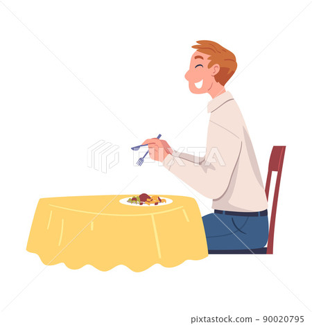 Man Character Eating Food at Home Sitting at Table with Knife and Fork Vector Illustration Man Character Eating Food at Home Sitting at Table with Knife and Fork Vector Illustration 90020795