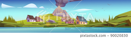 Houses and volcano with black smoke clouds 90020830