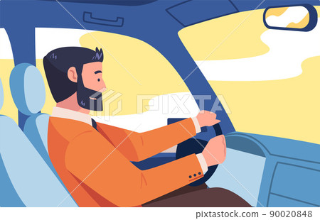 Bearded Man Character Driving Car Sitting on Driver Seat Inside Vehicle Vector Illustration Bearded Man Character Driving Car Sitting on Driver Seat Inside Vehicle Vector Illustration 90020848