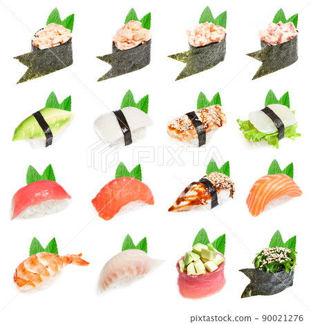 Overhead japanese sushi food. Maki and rolls with tuna, salmon, shrimp, crab and avocado. Top view of assorted sushi, all you can eat menu. Rainbow sushi roll, uramaki, hosomaki and nigiri. 90021276