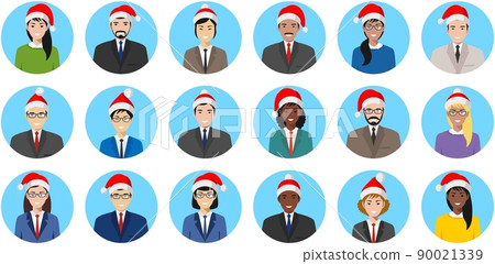 Christmas business team. Set of different colorful people flat style icons: businessman and businesswoman in Santa Claus hats. Different nationalities and dress styles. Vector illustration. 90021339