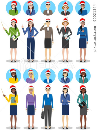 Christmas business team. Set of detailed illustration of business women in Santa Claus hats in flat style on white background. Different characters avatars icons set. Flat design people characters. 90021344