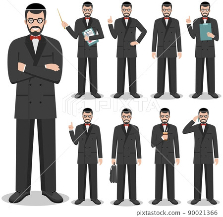 Business concept. Detailed illustration of jewish businessman standing in different positions in flat style isolated on white background. Vector illustration. 90021366