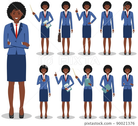 Business concept. Detailed illustration of african american businesswoman standing in different positions in flat style isolated on white background. Vector illustration. 90021376