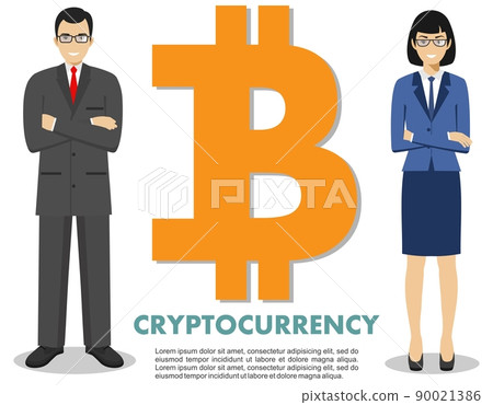 Cryptocurrency concept. Businessman and businesswoman with bitcoin sign in flat style isolated on white background. Digital currency electronic money, exchange, mobile banking. Vector illustration. Cryptocurrency concept. Businessman and businesswoman with bitcoin sign in flat style isolated on white background. Digital currency electronic money, exchange, mobile banking. Vector illustration. 90021386