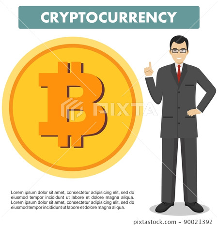 Cryptocurrency concept. Businessman with coin of bitocin sign in flat style isolated on white background. Digital currency electronic money, exchange, mobile banking. Vector illustration. 90021392