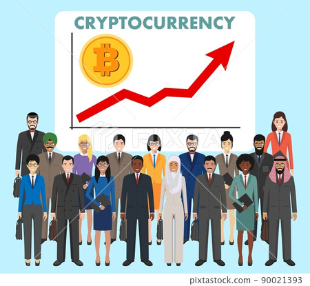 Cryptocurrency concept. Group of business people standing together on background graph with trend line rising up and coin with a sign of bitcoin. Business team and teamwork concept. 90021393