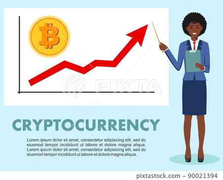 Cryptocurrency concept. Businesswoman and graph with trend line rising up and coin with a sign of bitcoin in flat style isolated. Digital currency electronic money, exchange, mobile banking. Vector. 90021394