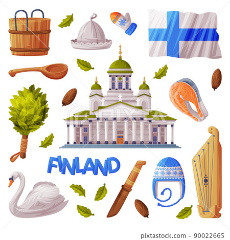 Finland Symbol and Attribute with Saint Nicholas Cathedral and Bath Broom Vector Set 90022665