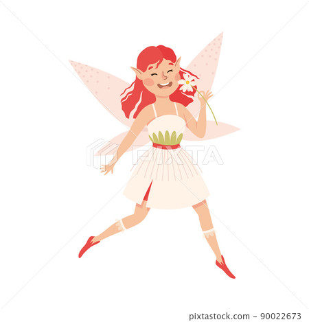 Cute Girl Fairy Flying with Wings and Smelling Flower Vector Illustration 90022673