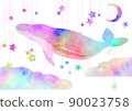 鯨魚在天空、月亮、星星和雲彩中游泳的插圖 90023758