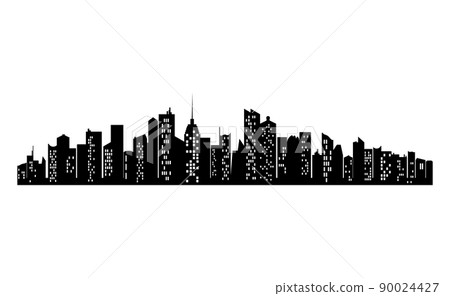 Black city silhouette with window. Horizontal skyline in flat style. Cityscape, urban panorama of night town. Jpeg illustration Black city silhouette with window. Horizontal skyline in flat style. Cityscape, urban panorama of night town. Jpeg illustration 90024427