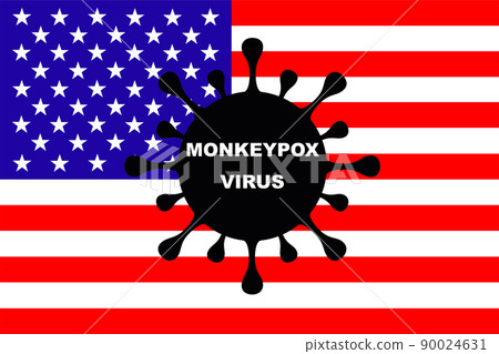 MONKEYPOX VIRUS. Flag of USA. Monkeypox Spain. Zoonotic viral disease that can infect non-human primates, rodents and some other mammals. Virus design with flag. Horizontal illustration. Monkey pox. 90024631