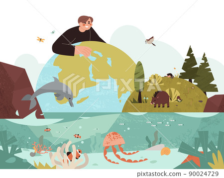 Ecologyst man protecting biodiversity of plants, birds, animals, marine life 90024729