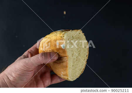 A man holds a piece of moldy bread against a black background. A grown man's hand with a stale piece of wheat loaf. A man holds a piece of moldy bread against a black background. A grown man's hand with a stale piece of wheat loaf. 90025211