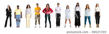 Set of young happy, multi ethnic people, men and women standing isolated over white background, Horizontal flyer, banner. Models in casual clothes Set of young happy, multi ethnic people, men and women standing isolated over white background, Horizontal flyer, banner. Models in casual clothes 90025393