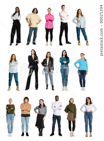 Collgae with portraits of young happy, multi ethnic people, men and women standing isolated over white background. Poster, flyer, banner. 90025394