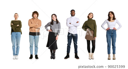 Collage with different, multi ethnic people, men and women standing isolated over white background. Flyer, banner. 6 models in casual style clothes Collage with different, multi ethnic people, men and women standing isolated over white background. Flyer, banner. 6 models in casual style clothes 90025399