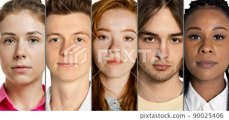 Set of close-up portraits of young serious girls and men on white background. Concept of human emotions, facial expression, sales. 90025406
