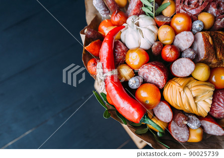 Delicious edible bouquet of sausage, tomatoes, cheese. Gift for man. 90025739
