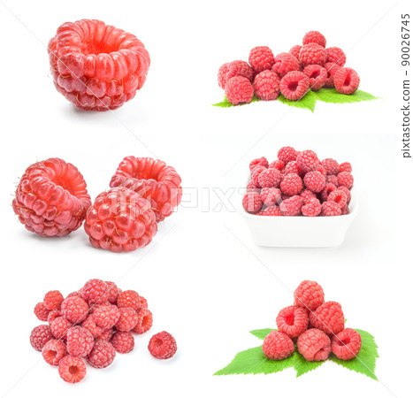 Collage of ripe red raspberries close-up on white Collage of ripe red raspberries close-up on white 90026745