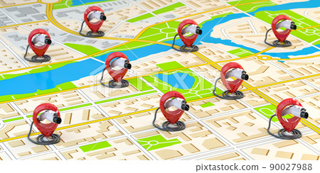 Electric car EV charging point location. Car charger power plugs with pins on the map of a city. Electric car EV charging point location. Car charger power plugs with pins on the map of a city. 90027988