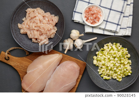 Ingredients for making chopped cutlets. Top view flat lay Ingredients for making chopped cutlets. Top view flat lay 90028145