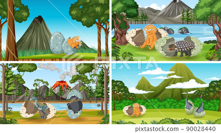 Set of nature scene with trees on mountains with sign board and dinosaur 90028440