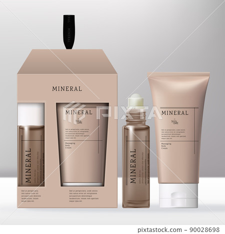 Vector Beauty or Skincare Hand Cream and Roll on Fragrance Oil in Gift Set Packaging Box with White Caps.	 90028698